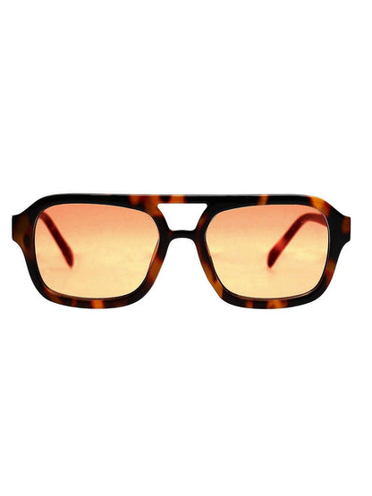 Sunglasses with tortoiseshell frame and orange-tinted lenses on a white background