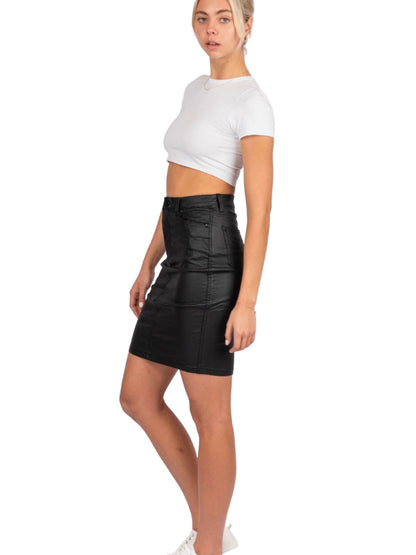 Zara Knee Length Wet Look Skirt - Black