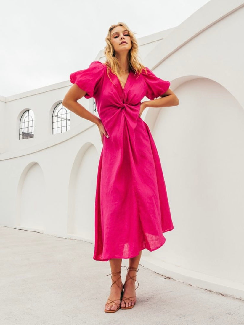 Linen twist midi dress - Hot Pink