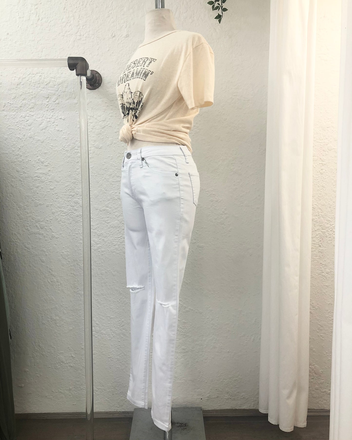 High Waisted Denim Jeans- White Rips On Knee