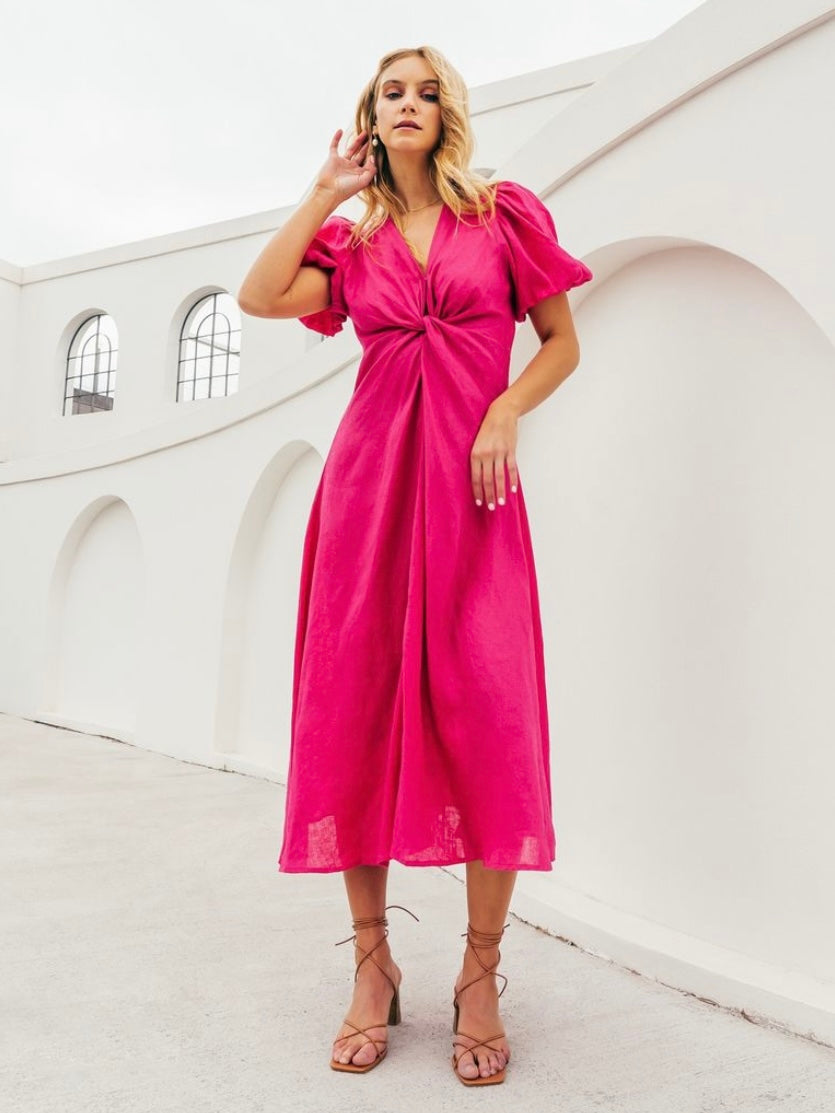 Linen twist midi dress - Hot Pink