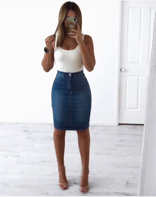 Zara Knee Length Denim Skirt - Dark Denim